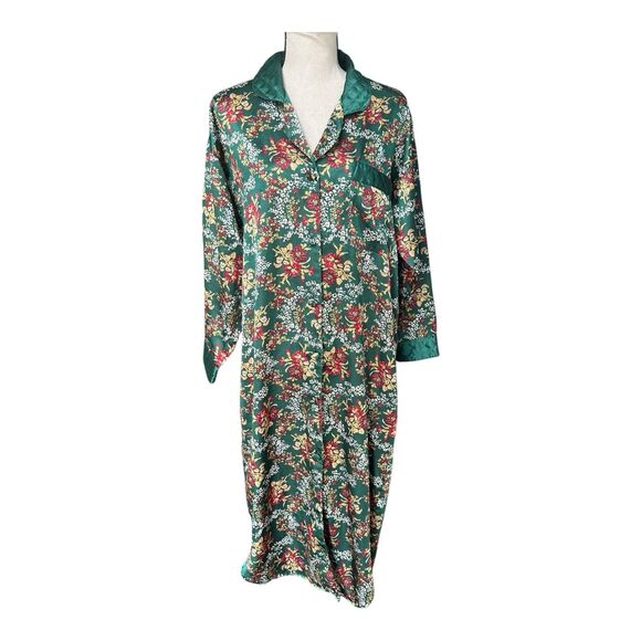 Vintage Gold Label VS Green Floral Satin Nightshirt Robe Quilted Collar (P)